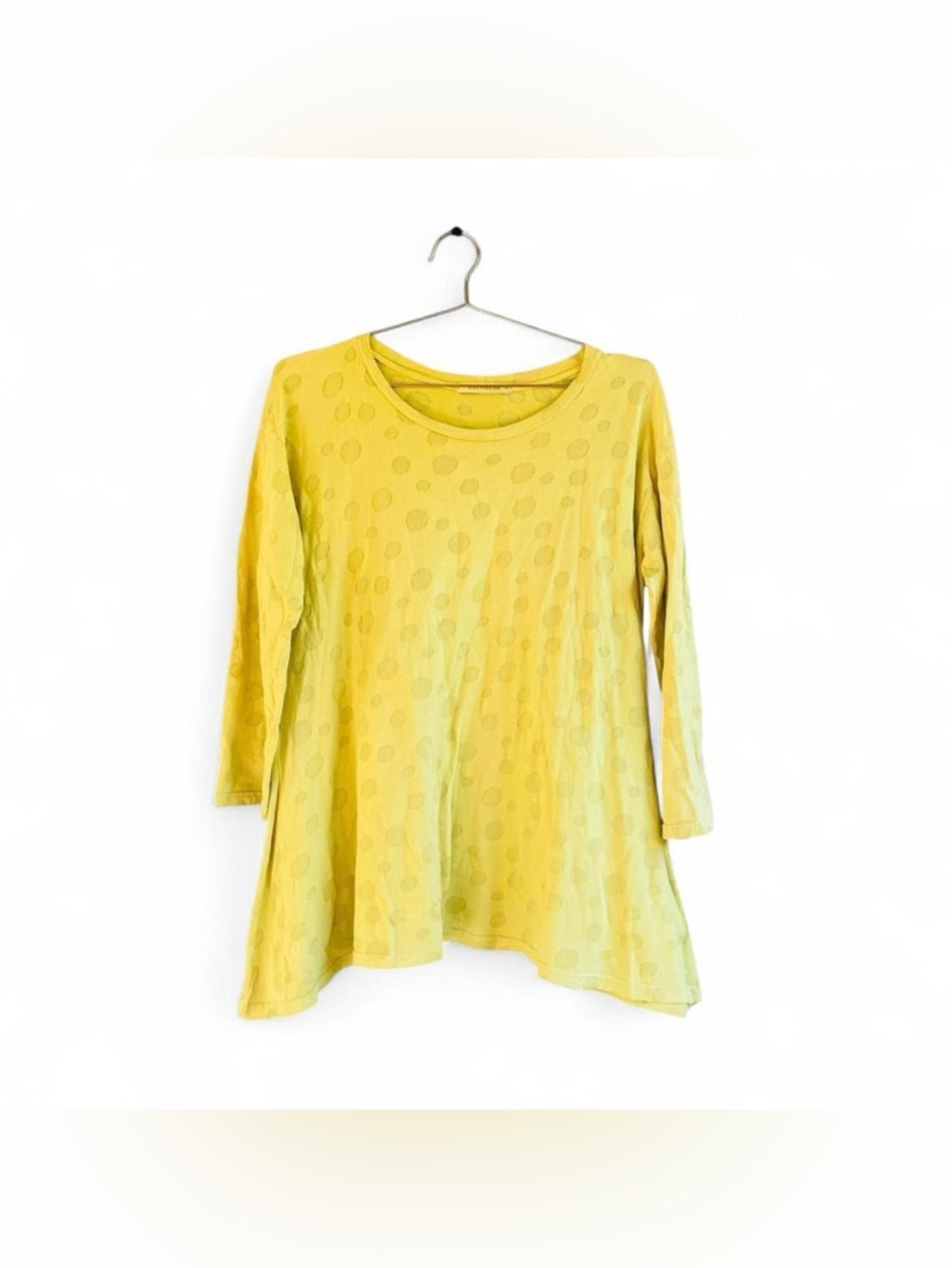 Vintage Cut Loose Yellow Polka Dot Knit Top – Handkerchief Hem Artsy Tunic (L)